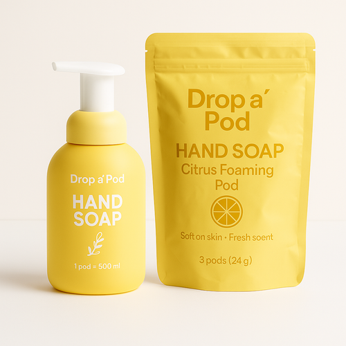 Drop a' Pod Citrus Foaming Hand Soap Starter Kit — reusable dispenser and 3 pods
